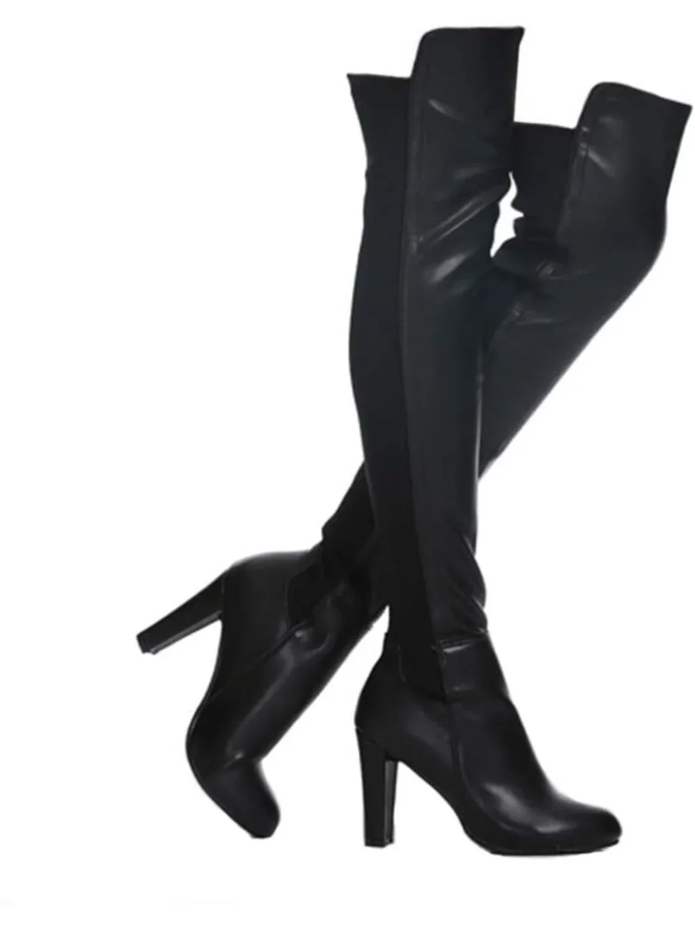 Women's Black Pu Faux Suede Chunky Heel Stretch Over The Knee Thigh High Boots